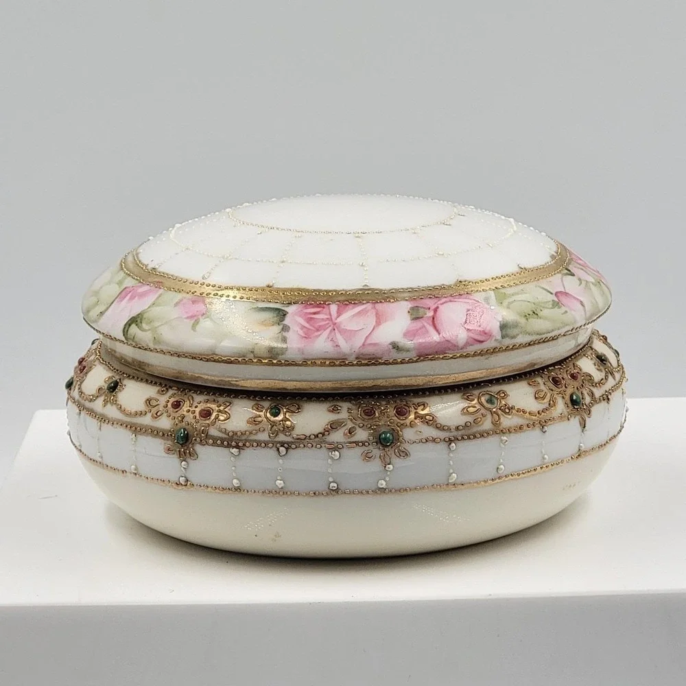 Vintage Hand Painted Nippon Floral Trinket Box with Lid Gold Trim